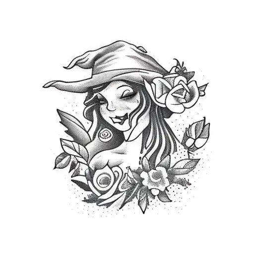 A tea-loving witch surrounded by farm animals and nature elements tattoo design idea