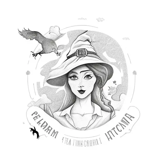 A tea-loving witch surrounded by farm animals and nature elements tattoo design idea
