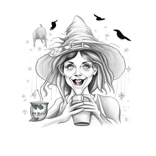 A tea-loving witch surrounded by farm animals and nature elements tattoo design idea