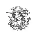 A tea-loving witch surrounded by farm animals and nature elements tattoo design idea
