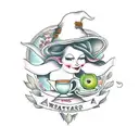 A tea-loving witch surrounded by farm animals and nature elements tattoo design idea