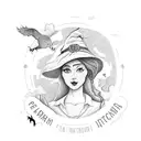 A tea-loving witch surrounded by farm animals and nature elements tattoo design idea