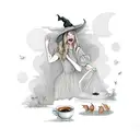 A tea-loving witch surrounded by farm animals and nature elements tattoo design idea