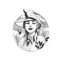 A tea-loving witch surrounded by farm animals and nature elements tattoo design idea
