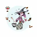 A tea-loving witch surrounded by farm animals and nature elements tattoo design idea