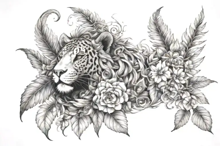 An intricate black-grey tattoo design showcasing a mythical creature representing the union of Gemini and Leo traits, surrounded by plants and animals tattoo design idea