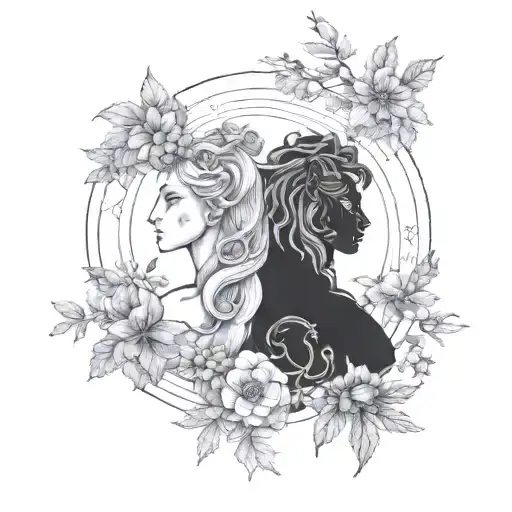 An surrealist tattoo showcasing a mythical representation of the union of Gemini and Leo traits, surrounded by herbs tattoo design idea