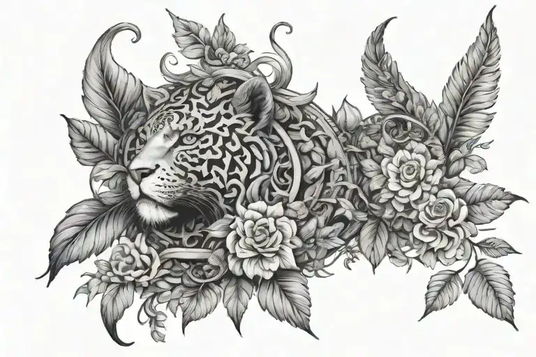 An intricate black-grey tattoo design showcasing a mythical creature representing the union of Gemini and Leo traits, surrounded by plants and animals tattoo design idea