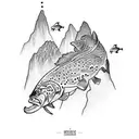 Mountains with jumping trout tattoo design idea