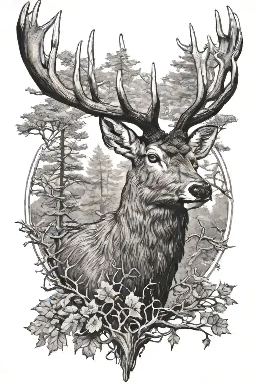 red deer stag head with trees as antlers, robin perched on antler tattoo design idea