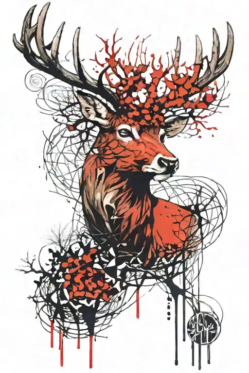 red deer stag head with trees as antlers, robin perched on antler tattoo design idea