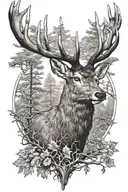 red deer stag head with trees as antlers, robin perched on antler tattoo design idea