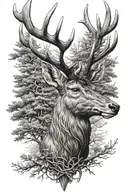 red deer stag head with trees as antlers, robin perched on antler tattoo design idea
