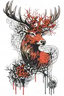 red deer stag head with trees as antlers, robin perched on antler tattoo design idea