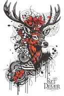 red deer stag head with trees as antlers, robin perched on antler tattoo design idea