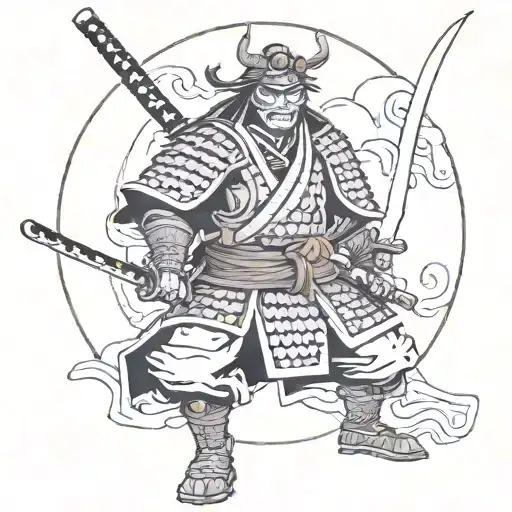 Generate me an old fashioned samurai, with a katana, with a oni mask on is face, full body armored like a samurai, a kat tattoo design idea