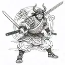 Generate me an old fashioned samurai, with a katana, with a oni mask on is face, full body armored like a samurai, a kat tattoo design idea