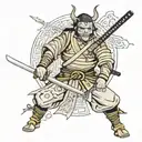 Generate me an old fashioned samurai, with a katana, with a oni mask on is face, full body armored like a samurai, a kat tattoo design idea