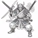 Generate me an old fashioned samurai, with a katana, with a oni mask on is face, full body armored like a samurai, a kat tattoo design idea