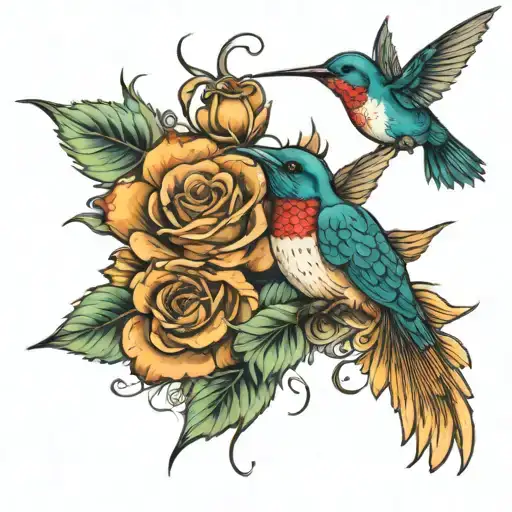 sunflowers and roses with a hummingbird in flight  tattoo design idea