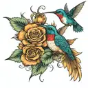 sunflowers and roses with a hummingbird in flight  tattoo design idea