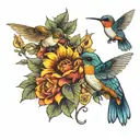 sunflowers and roses with a hummingbird in flight  tattoo design idea