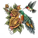 sunflowers and roses with a hummingbird in flight  tattoo design idea
