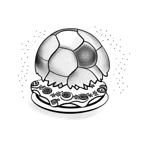 cupcake caricature holding a slice of pizza and shopping bag kicking a soccer ball tattoo design idea