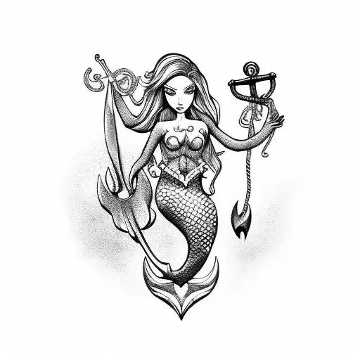 mermaid with anchor and helm tattoo design idea