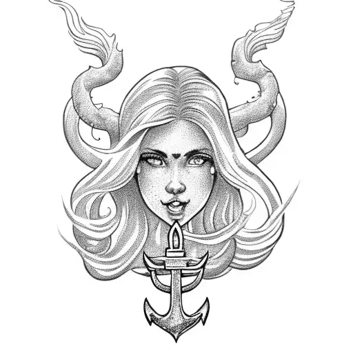A majestic mermaid holding a golden anchor and steering a helm tattoo design idea