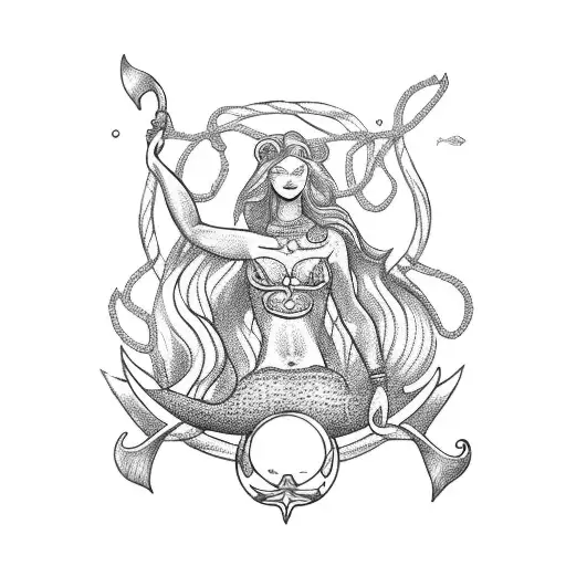 A majestic mermaid holding a golden anchor and steering a helm tattoo design idea