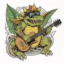 bowser in sunglasses on a surfboard holding a double necked guitar in front of a potleaf tattoo design idea