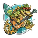 bowser in sunglasses on a surfboard holding a double necked guitar in front of a potleaf tattoo design idea
