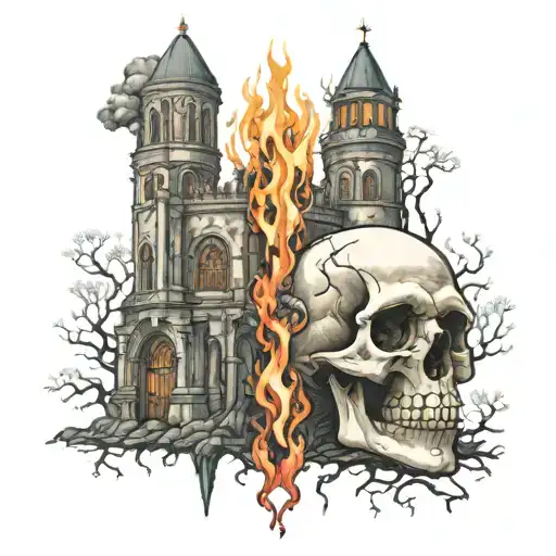 Burning gothic monastery growing up from the skull tattoo design idea