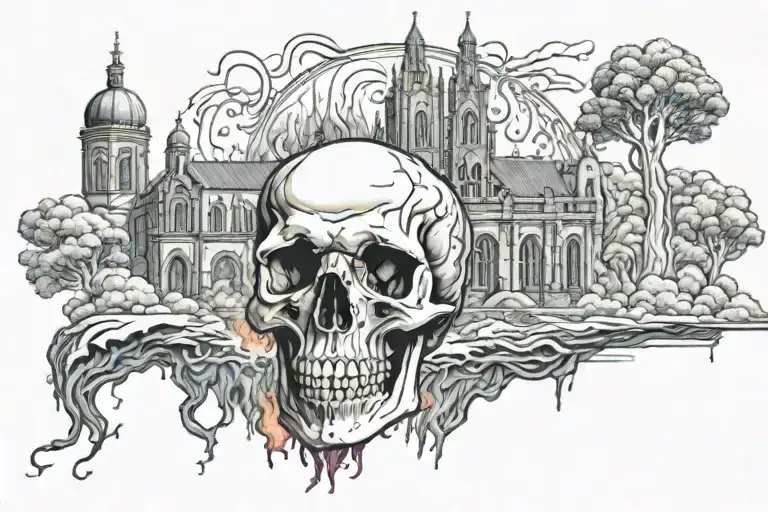 Burning gothic monastery growing trough the skull tattoo design idea