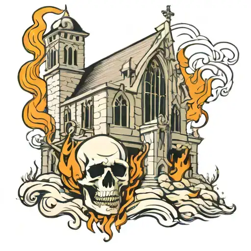 Burning gothic monastery growing up from the skull tattoo design idea
