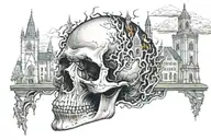 Burning gothic monastery growing trough the skull tattoo design idea