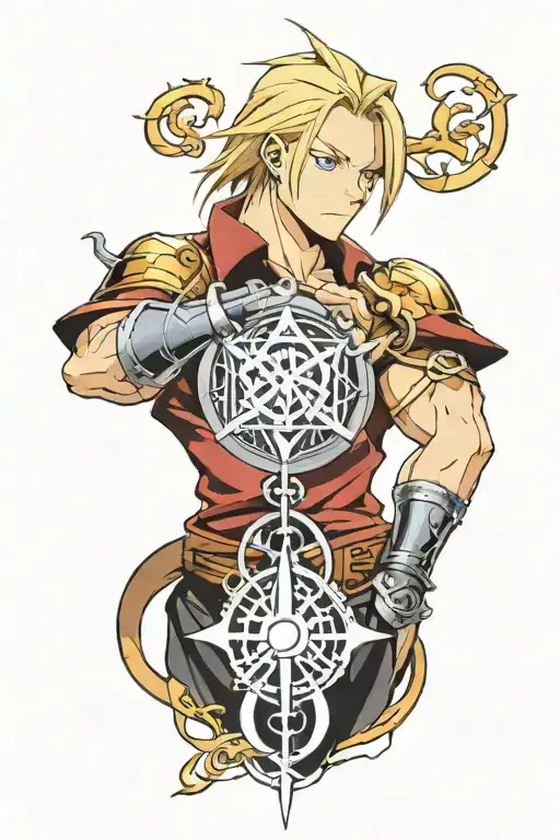 tattoo on the whole arm in the sleeve style of 7 deadly sins in the anime style "Fullmetal Alchemist" tattoo design idea