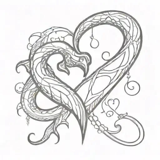 heart shaped fishing hook intertwined tattoo design idea