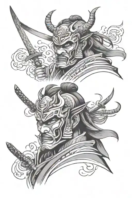 samurai with oni mask and skulls facing each other tattoo design idea
