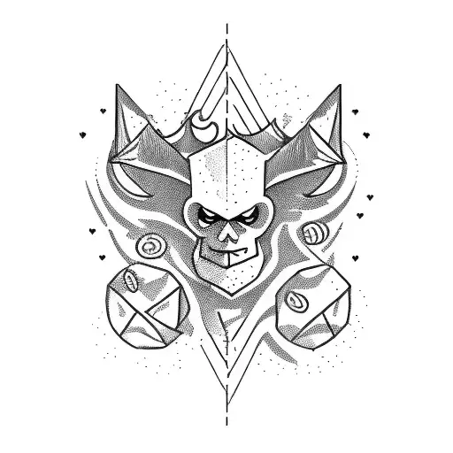 A party scene with a devil DJ mixing records and money raining down, all in blackwork style tattoo design idea