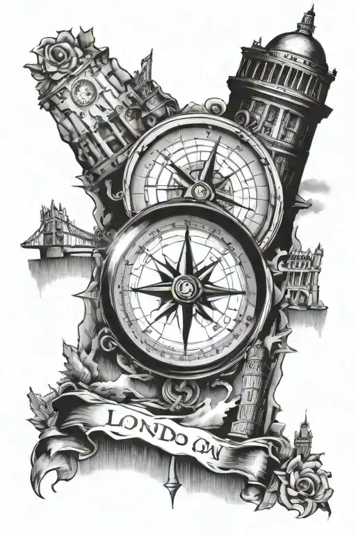 compass and London Bridge  tattoo design idea