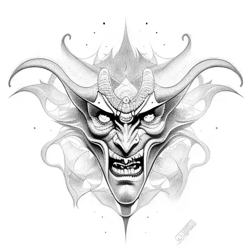 A dotwork tattoo of Chuty's face morphing into a devil's face tattoo design idea