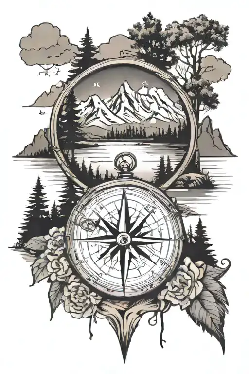 compass outdoors mountains trees lakes  tattoo design idea