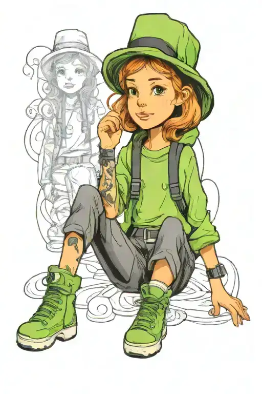 A delightful illustration of an adventurous girl, aged 6-9 years, wearing a stylish green outfit and a matching hat. She tattoo design idea