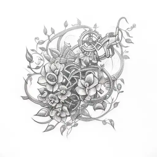 A tattoo of a mechanical arm intertwined with vines and flowers tattoo design idea