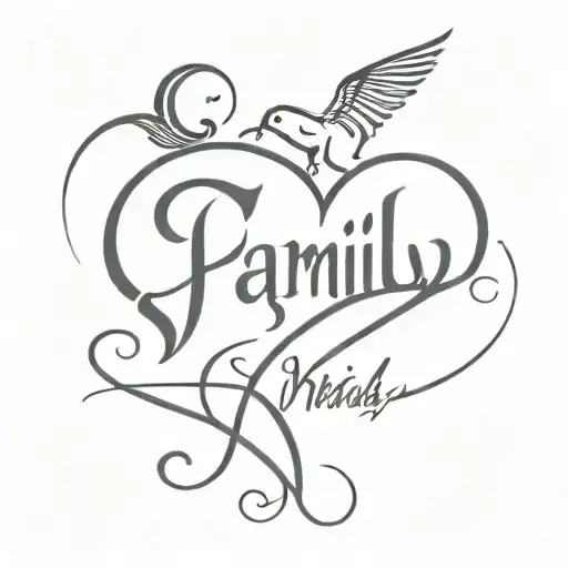 an artistic design with the word “family” in curved script. To the left of it is a heart and to the right a bird. Un tattoo design idea