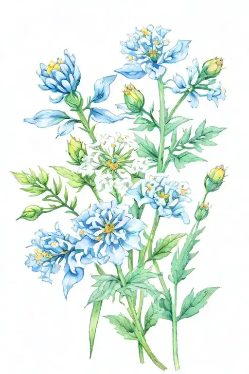 Prairie Coreopsis, Bluebonnet and Slender Mountain Mint seamless patterns tattoo design idea