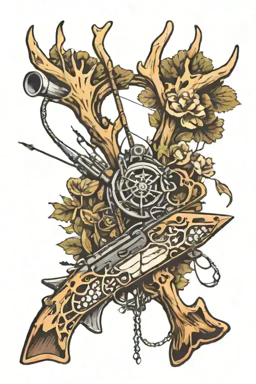antlers, fishing, morel mushrooms, crossbow, rifle & outdoor scenery  tattoo design idea
