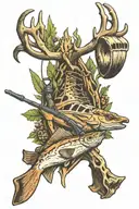 antlers, fishing, morel mushrooms, crossbow, rifle & outdoor scenery  tattoo design idea